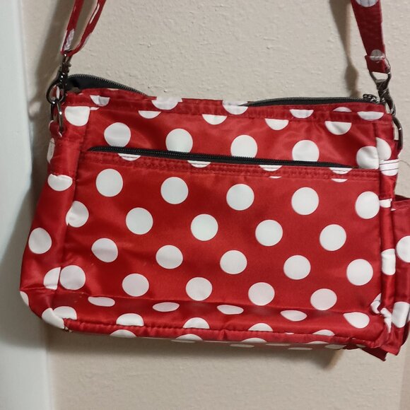 Lug Shimmy Crossbody Shoulder Bag Purse Red White Polka Dots Multiple Pockets - Picture 7 of 16